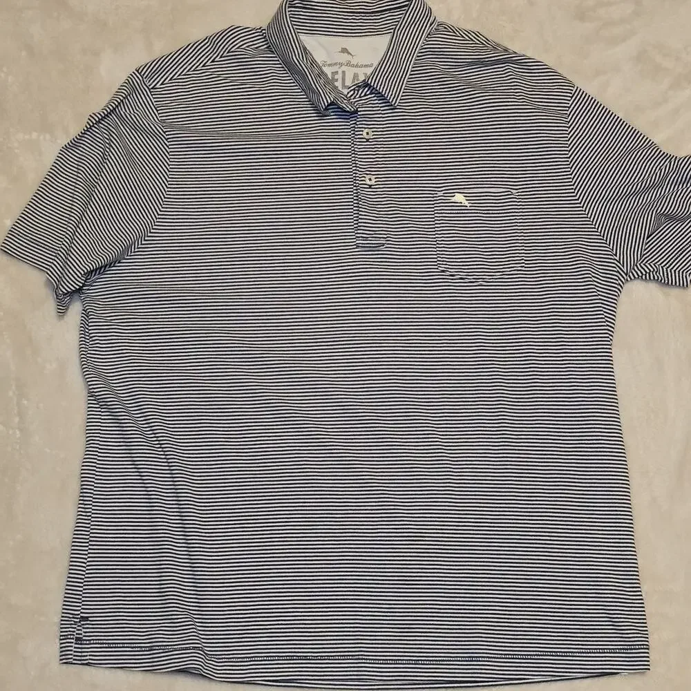 Tommy Bahama Relax Men’s Polo XL Blue White Stripe Cotton Marlin Logo Pocket